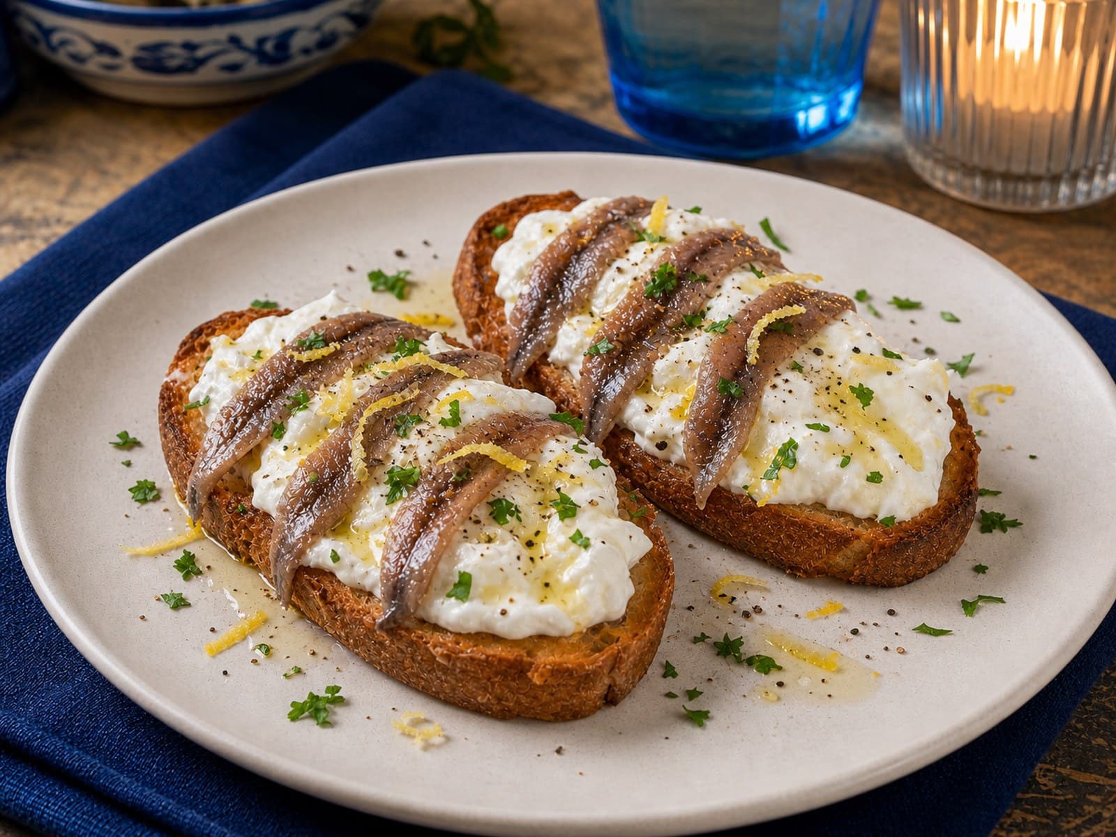 Crostini alici e stracciatella